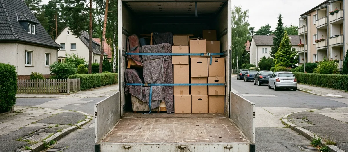 Blick in einen Möbelkoffer: die vordere Hälfte ist beladen und mit Spanngurten abgetrennt, die hintere Hälfte bleibt leer.