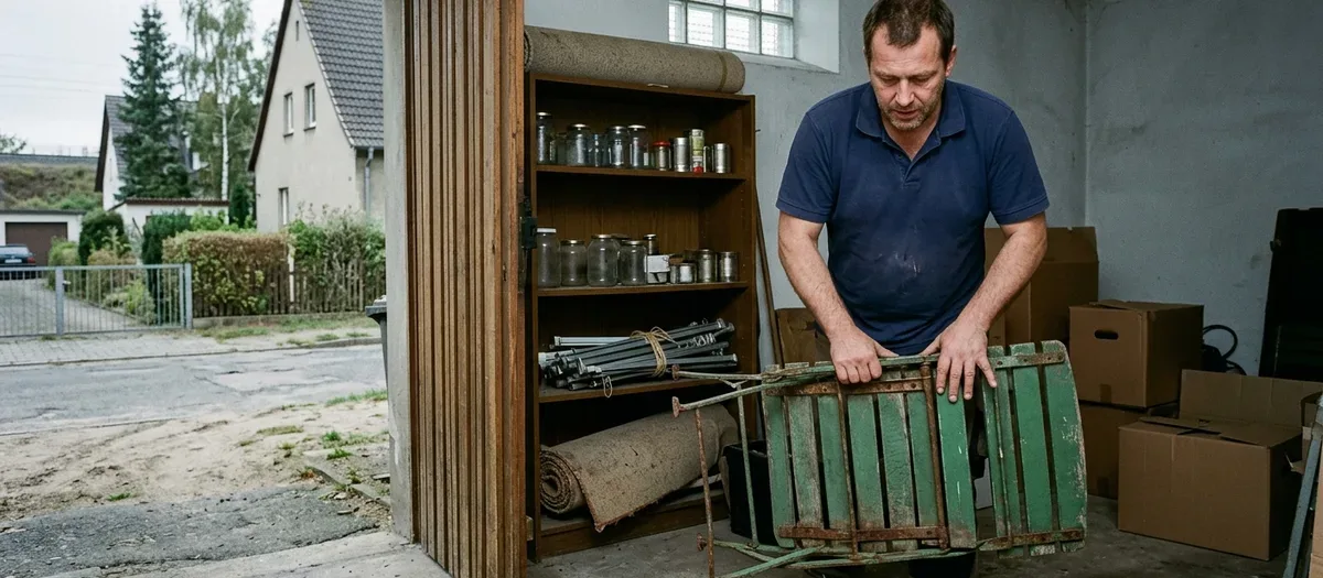 Eine Kraft hebt einen alten Klappstuhl aus einem vollgestellten Kellerverschlag, dahinter Regalbretter, Kisten und eine Teppichrolle.