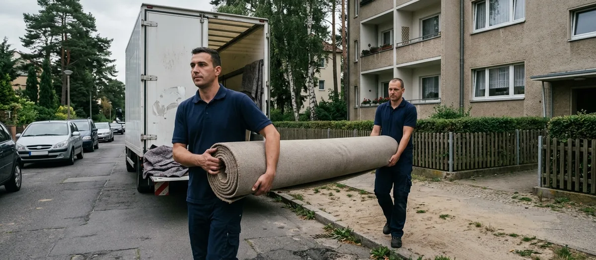 Zwei Träger bringen eine Teppichrolle vom Möbelkoffer zum Hauseingang, Ankunft nach der Fahrt von Hohen Neuendorf nach Magdeburg