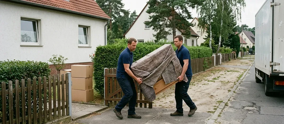 Zwei Träger tragen eine in Decken geschlagene Kommode durch das offene Gartentor eines Einfamilienhauses zum Möbelkoffer am Straßenrand.
