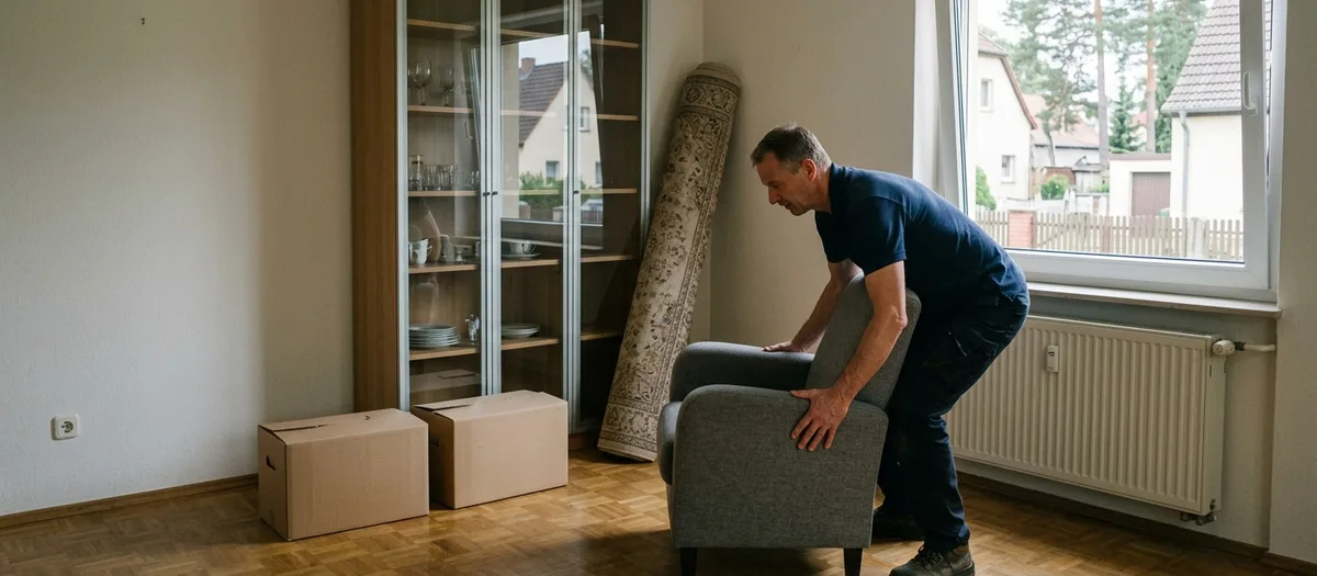 Eine Kraft stellt einen Sessel in einem kleinen Wohnzimmer ab, daneben eine halb ausgeräumte Vitrine und zwei Kartons.